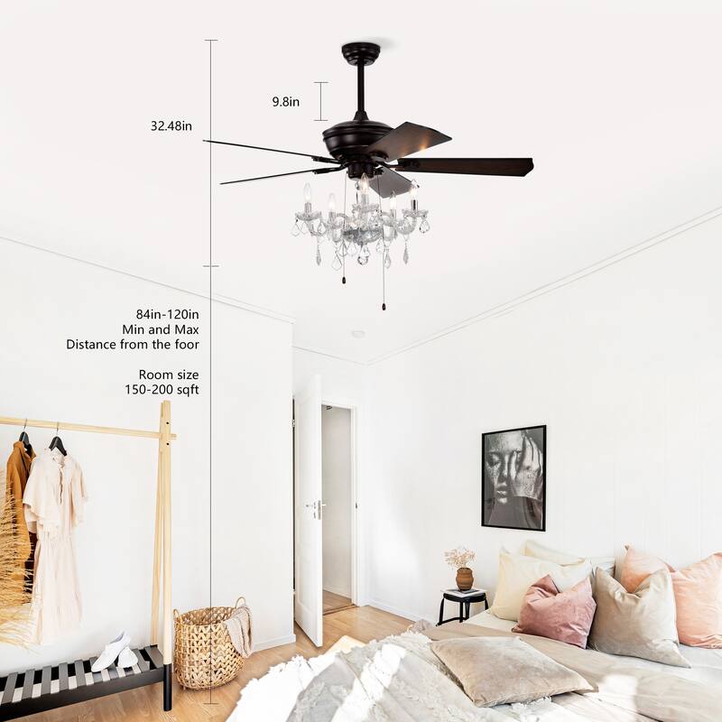 2-in-1 Ceiling Fan with Crystal Chandelier & 3-Speed Reversible Motor, Dual Finish Blades, Timer Function
