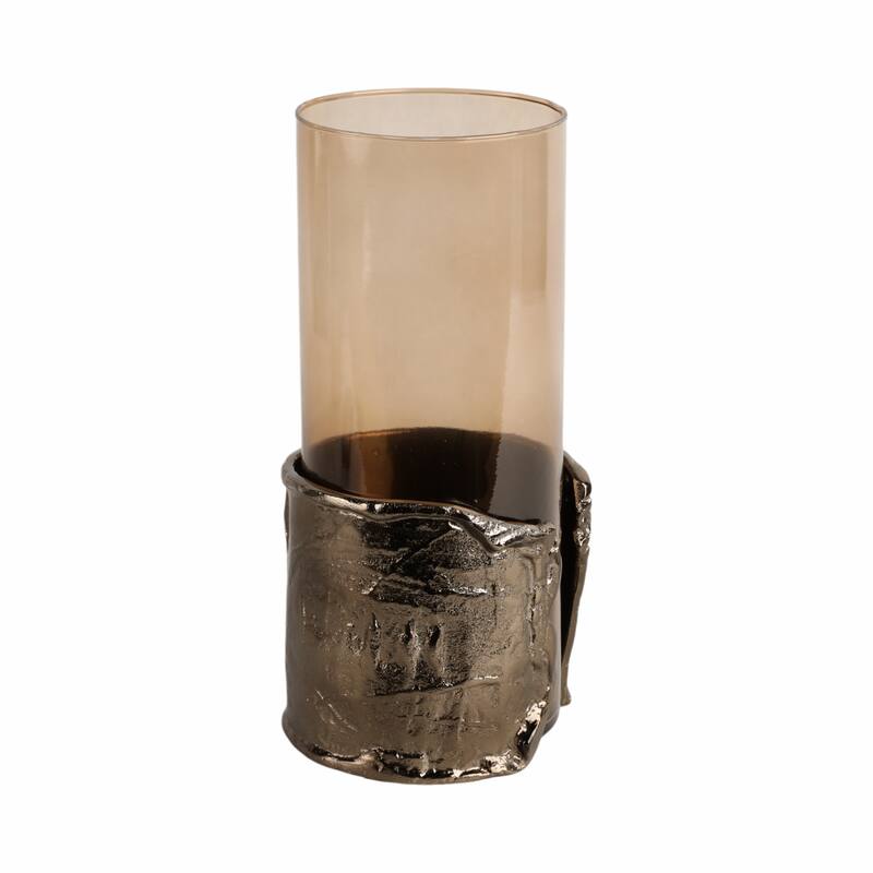 Candle Holder - Brown Glass with Metal Wraparound