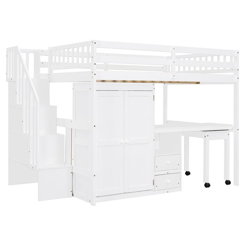 Multifunctional Full Size Loft Bed with Stairs, Bookshelf, Drawers, Desk & Wardrobe - White