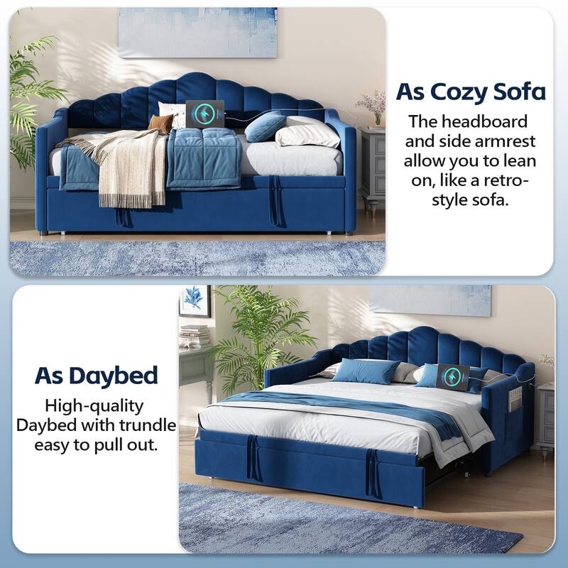 Upholstered Twin Size Daybed with Pop-Up Trundle and Charging Station