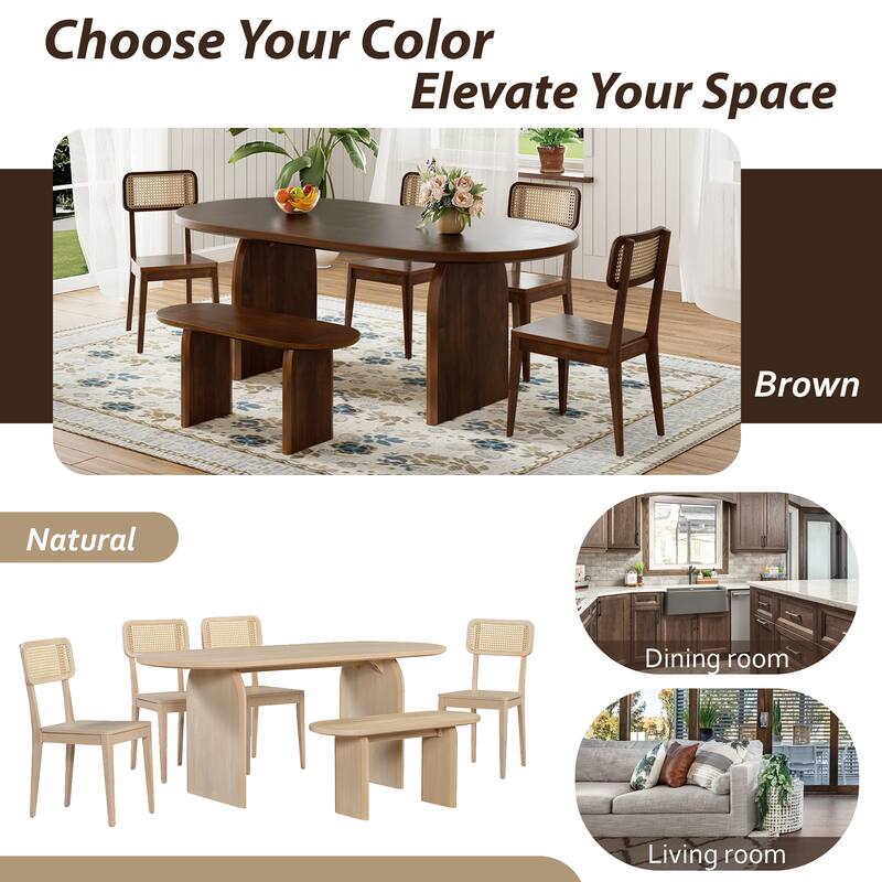 6 Piece Dining Table Set with Rattan Chairs and Bench for Family Gatherings and Stylish Meals