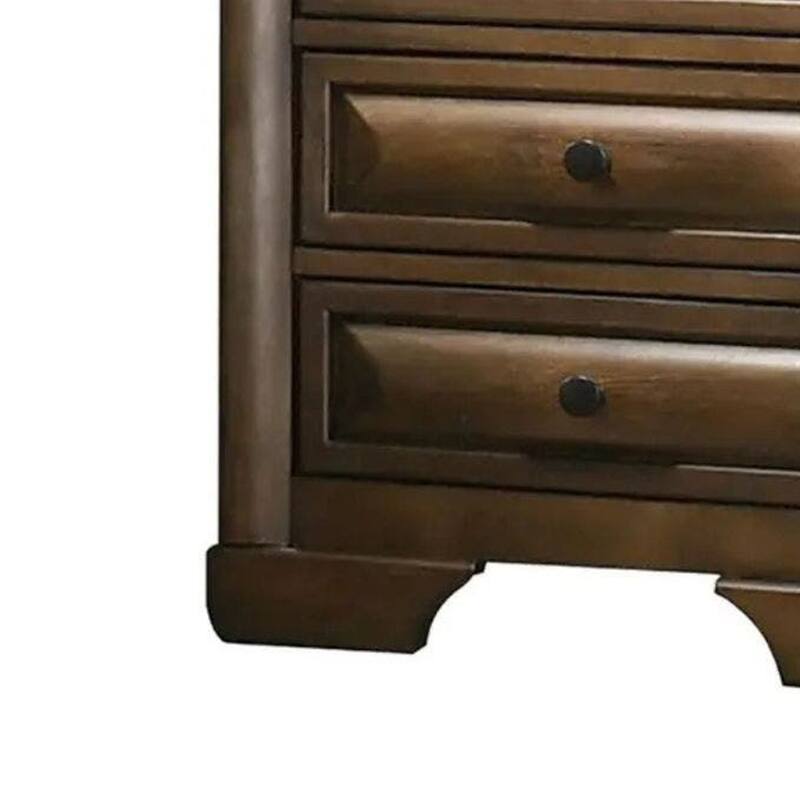 Cair Nightstand w 3 Beveled Drawers, Bronze Metal Knobs, Brown Wood