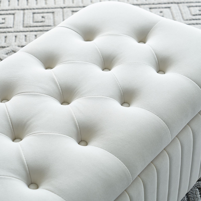 Velvet Fabric Storage Ottoman, Upholstered Button Tufted Storage Bench, End of Bed Bench with Safety Hinge & Metal Legs