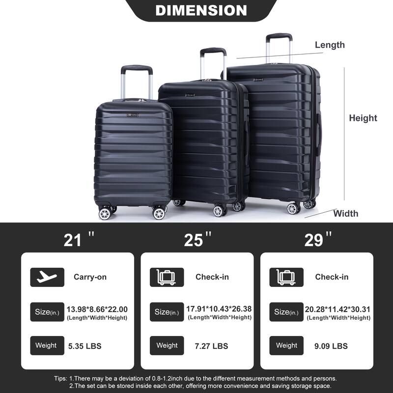 3 Piece Luggage Sets with Double Spinner Wheels and TSA Lock, Expandable Durable PC Hardside Lightweight Suitcase for Men Women