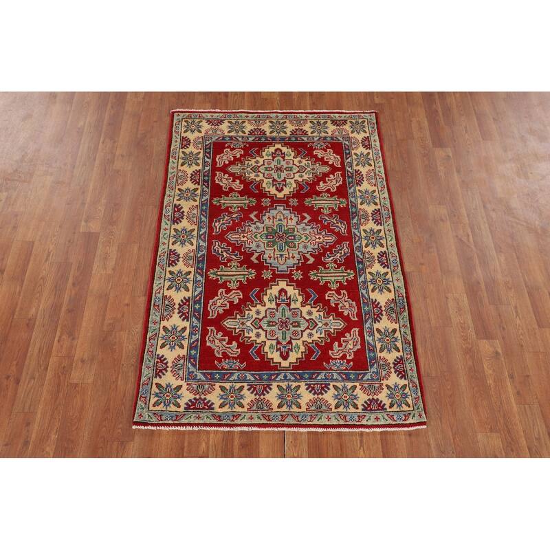 Red Geometric Kazak Foyer Rug Hand-Knotted Oriental Wool Carpet - 3'5" x 5'2"