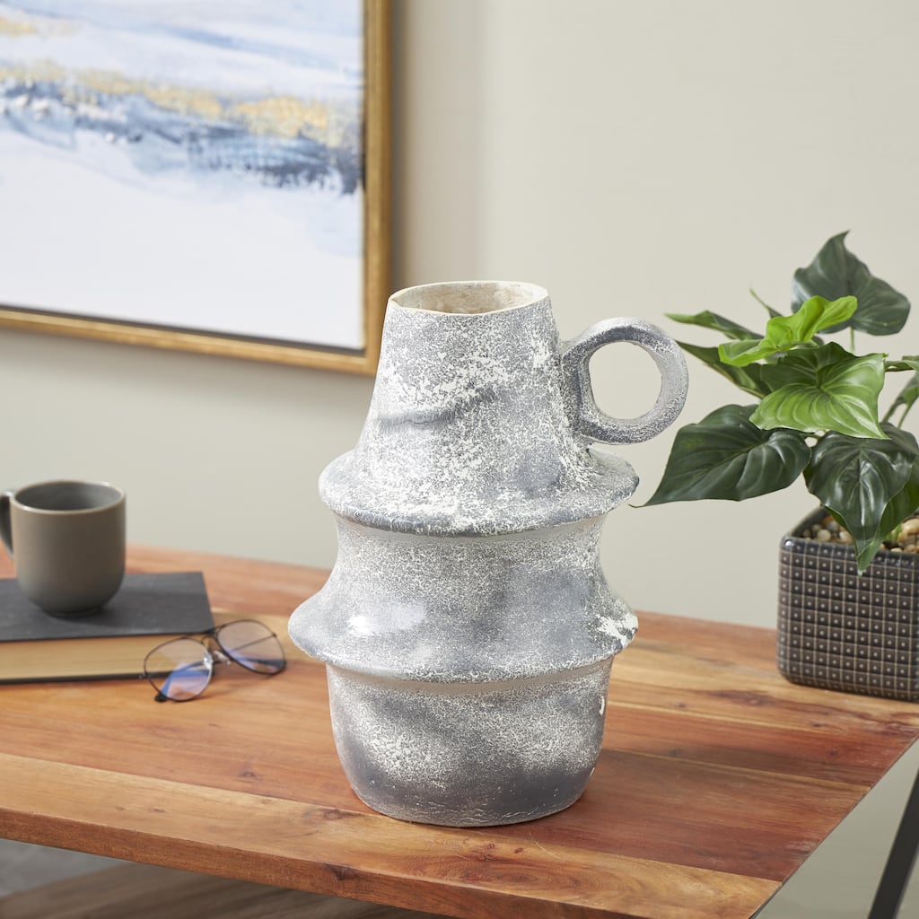 Light Gray Paper Mache Distressed Fluted Decorative Vase with Light Gray Texturing and Ring Handle