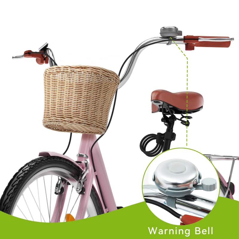 26 Inch Beach Cruiser Bike for Women - 1 Speed Commute Bike for Adults - Womens Bicycle with Adjustable Seat in Pink/White - 26“