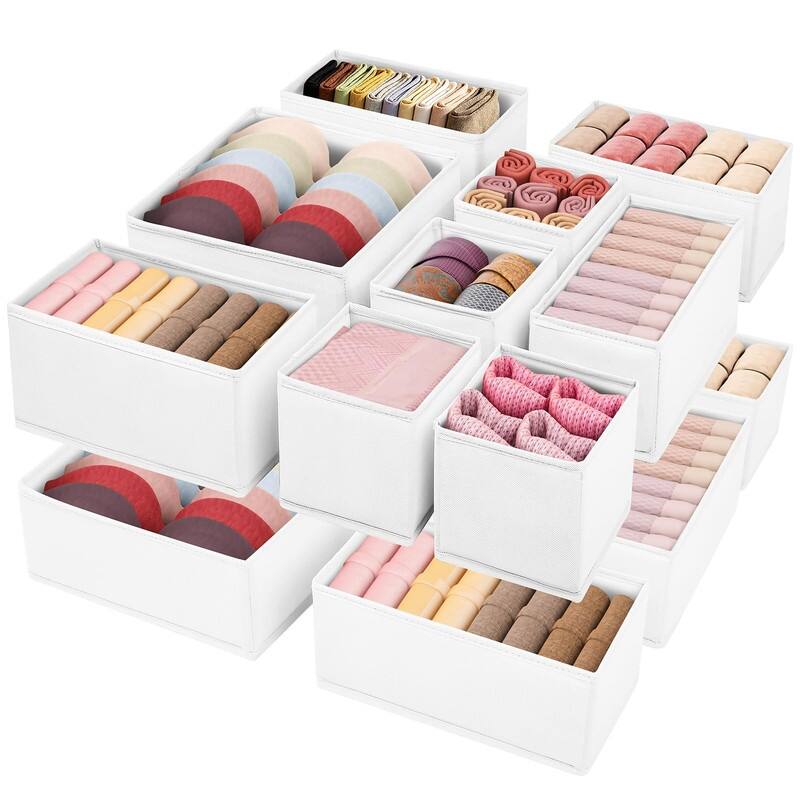 16-Pack Fabric Drawer Organizers - 3 Sizes for Clothes & Underwear - White