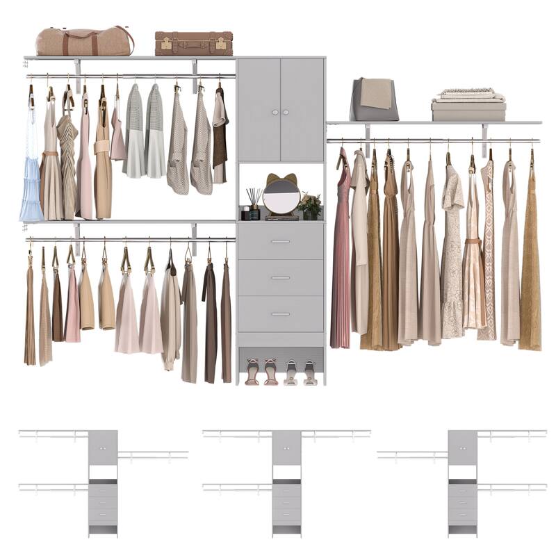 Rackcog 20.3'' - 120'' Large Closet Organizer with Doors, Closet System with Drawers and Hanging Rods (can be cut to fit)