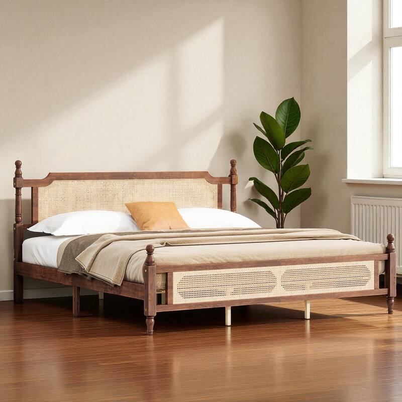 Queen/King Size Pine Wood Bed with Rattan Headboard and Footboard, Solid Frame with Central Support and Under-Bed Storage - Walnut - King