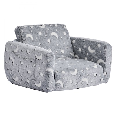 Grey Kids Foldable Sofa Bed with Glow-in-the-Dark Patterns and Comfortable Foam Seating - 24.0 x 41.3 x 12.0 in
