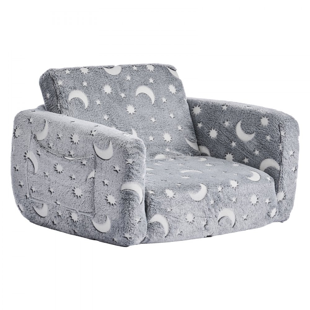 Grey Kids Foldable Sofa Bed with Glow-in-the-Dark Patterns and Comfortable Foam Seating - 24.0 x 41.3 x 12.0 in