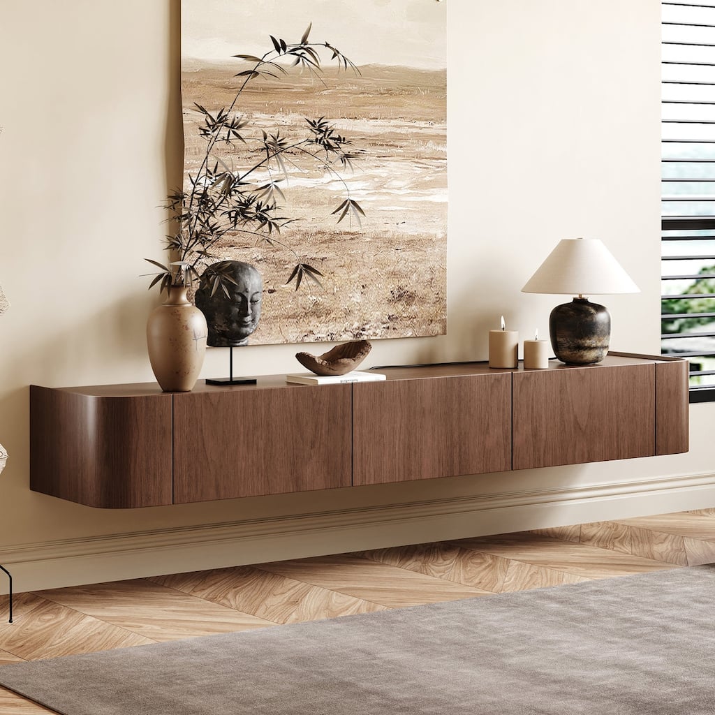 71'' Brown Wood Wall Mounted TV Cabinet with Three Drawers
