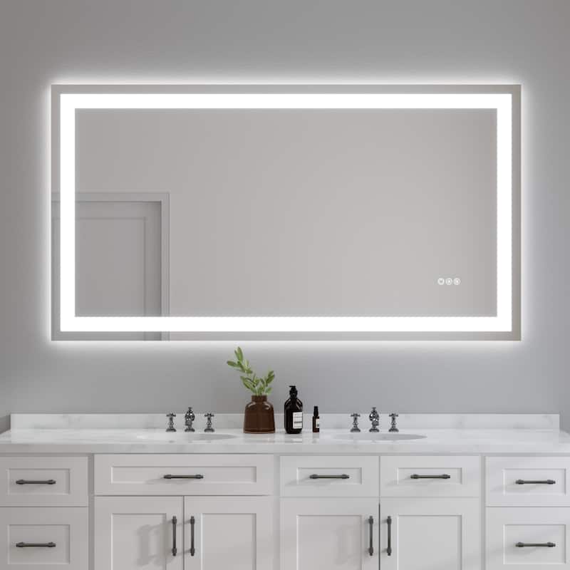 Silver Glass LED Vanity Mirror with Defog, Dimming and Dual Lights - 55" x 30"
