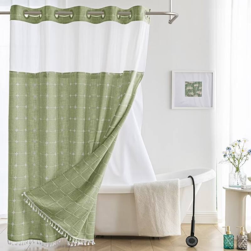 No Hook Geometric Tassels Shower Curtain with Snap-in Liner - 71"Wx74"L - Sage
