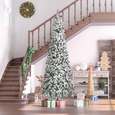 9ft Artificial Flocked Christmas Tree with Pine Realistic Branches and Berries