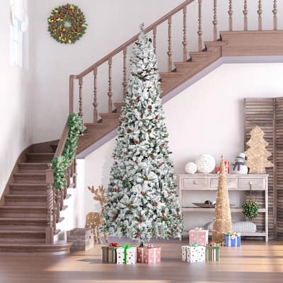 Realistic 9ft Pencil Snow Flocked Christmas Tree with Auto Open and Pine Branches, Xmas Decor for Home Office Holiday Party