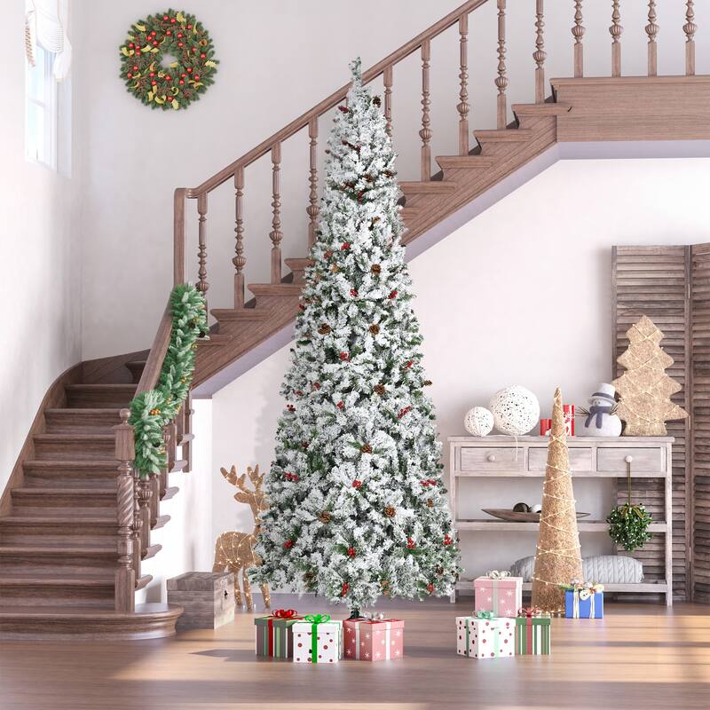 Tall 9ft Snow Flocked Artificial Christmas Tree with Slim Pencil Design