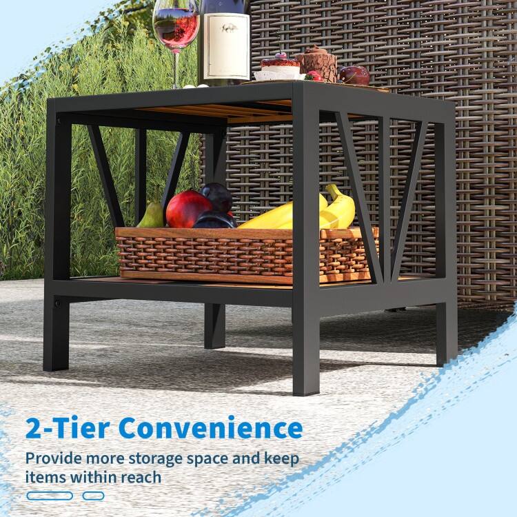 Black-Natural Metal 2-Tier Outdoor Side Table with Wood-Like Top and Umbrella Hole - 20.5" x 18" x 18"