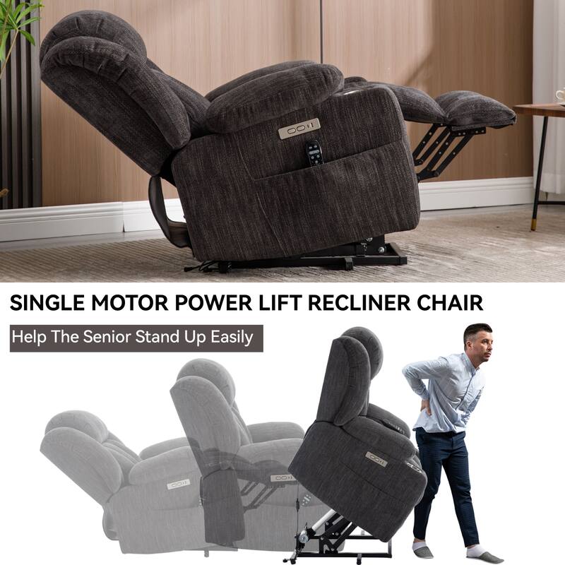 Chenille Power Lift Recliner Chair with Full Body Massage & Heat, USB & Type-C Ports, Stainless Steel Cup Holder