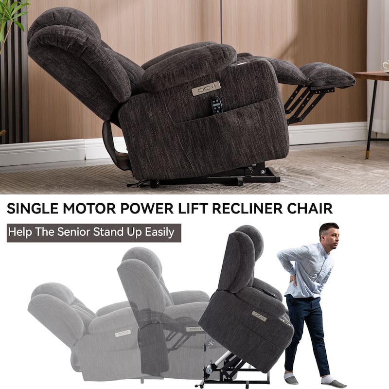 Chenille Power Lift Recliner wMassage, Heat, USB, Type-C, Cup Holders