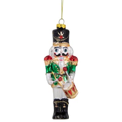 5.25" Green Red and Gold Nutcracker With Drum Glass Christmas Ornament