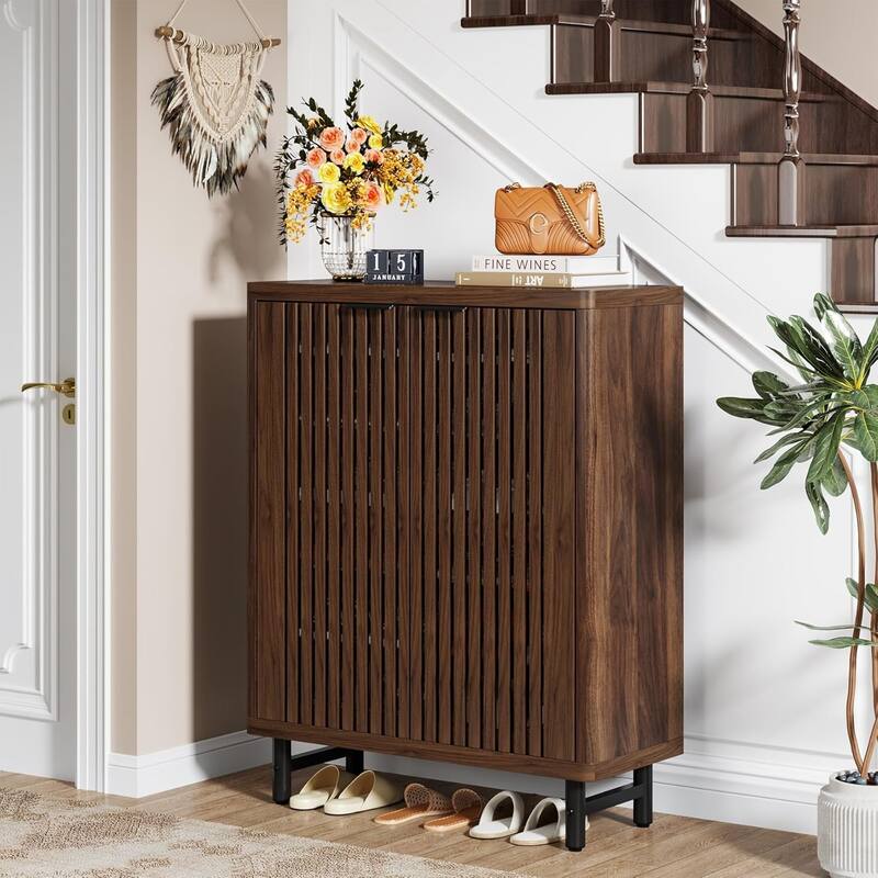 6-Tier Shoe Cabinet with Shutter Doors Adjustable Shelves Wooden Storage Cabinet for Entryway/Hallway/Closet/Living Room