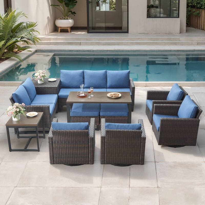 Gymojoy 9 Person Outdoor Courtyard Wicker Family Conversation Set Group With Swivel Chairs And Storage - Brown Wicker / Blue Cusion - 11-Piece