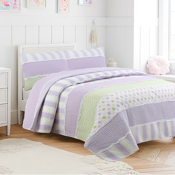 slide 2 of 6, Cozy Line Lilac Purple Green Stripe Polka Dot Checker White Ruffle Patchwork Cotton Reversible Quilt Bedding Set
