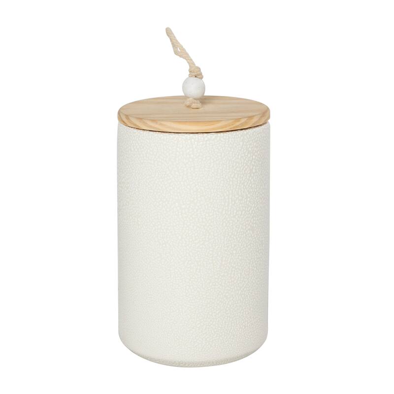 Cream or Blue Ceramic Canisters with Brown Wood Lids and Beaded Accents (Set of 3)