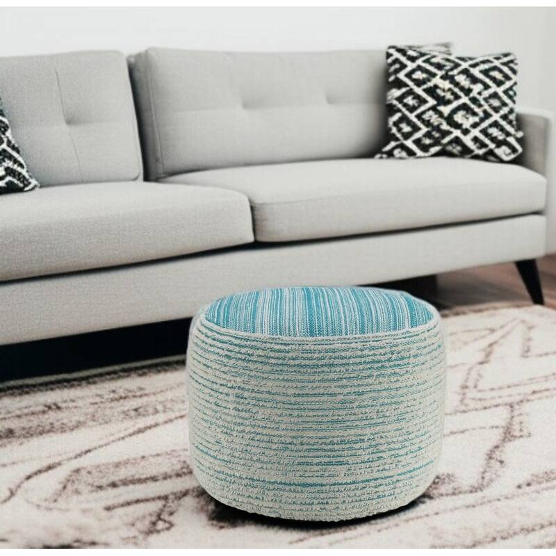 HomeRoots 18" Blue Fabric Cylinder Striped Pouf Ottoman