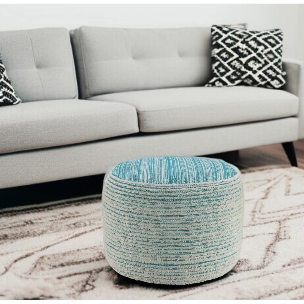 HomeRoots 18" Blue Fabric Cylinder Striped Pouf Ottoman