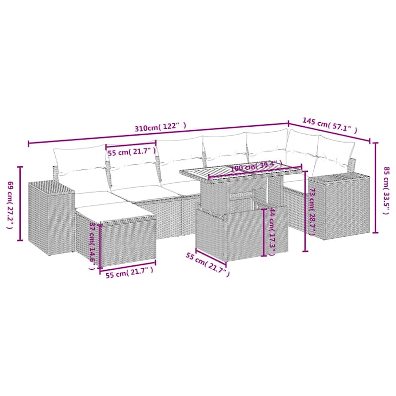 vidaXL Patio Sofa Set with Cushions Outdoor Furniture 8 Piece Poly Rattan - 21.7 x 24.4 x 27.2