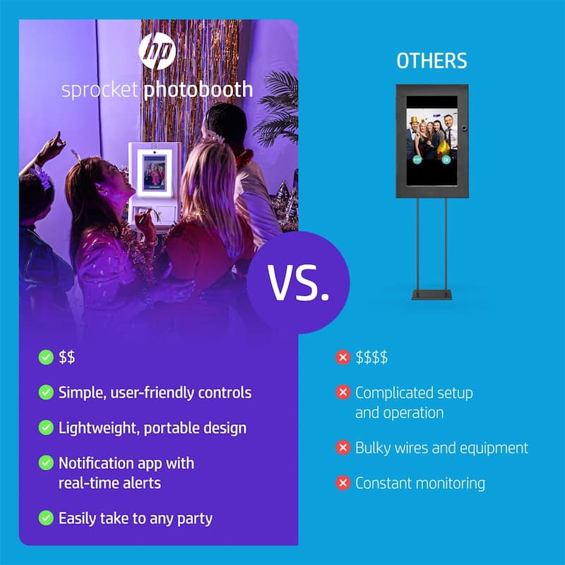 HP Sprocket Photobooth 3" x 4" Color Photo Printer with Touch Screen, LED Ring Light, Wi-Fi - White