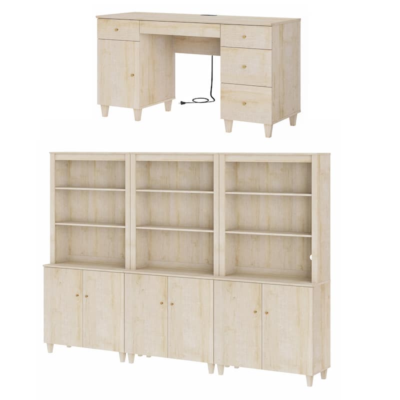 WAMPAT Home Office Furniture Set, 58" Executive Desk with Cabinet, 3-Column 71" Tall Bookcase with Doors and Adjustable Shelves