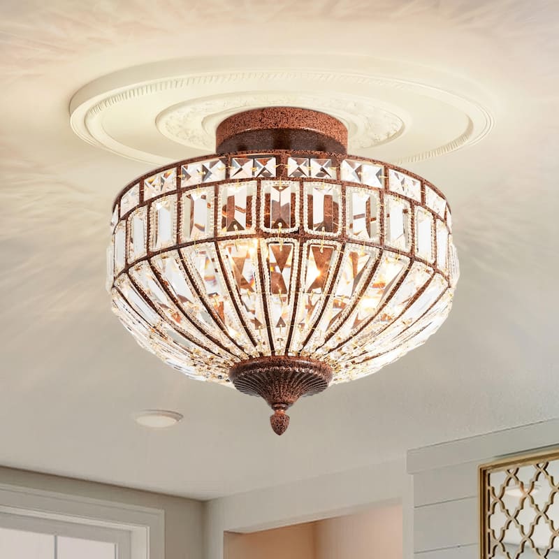 15.6" 3-Light Retro Rust-Colored Bowl Shaped Faceted Clear Crystal Semi-Flush Mount Ceiling Light for Bedroom, Kitchen