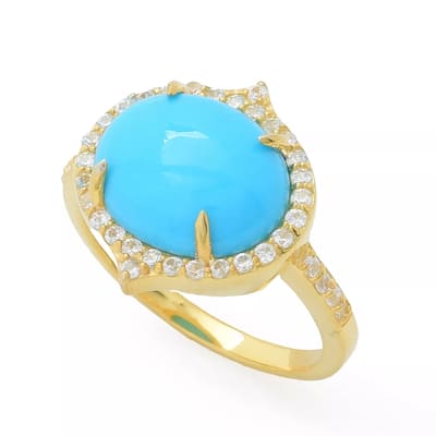 18K Yellow Gold Over Sterling Silver Sleeping Beauty Turquoise, White Natural Zircon Ring