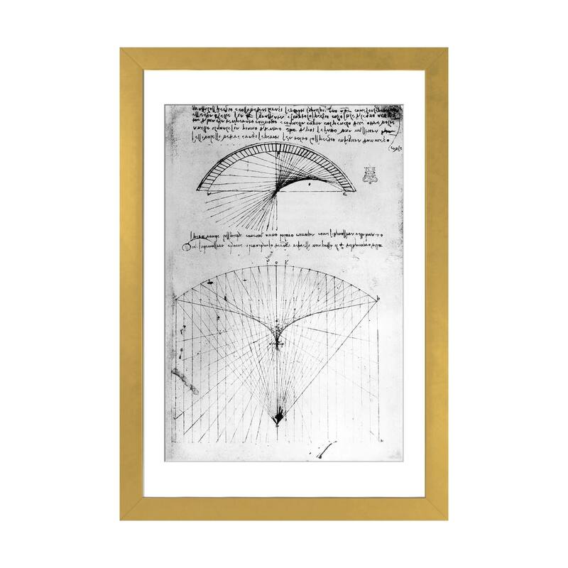 iCanvas "Studies of concave mirrors of constant and parabolic curvatures" by Leonardo da Vinci - Gold - 24x16x1