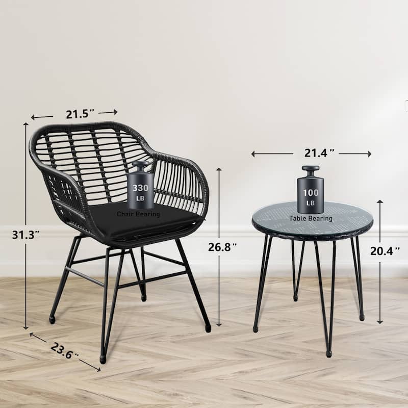 3 Piece Outdoor Wicker Furniture Patio Bistro Set With Cushions for Porch Poolside Garden - 21.2"L x 23.6"W x 31.5"H