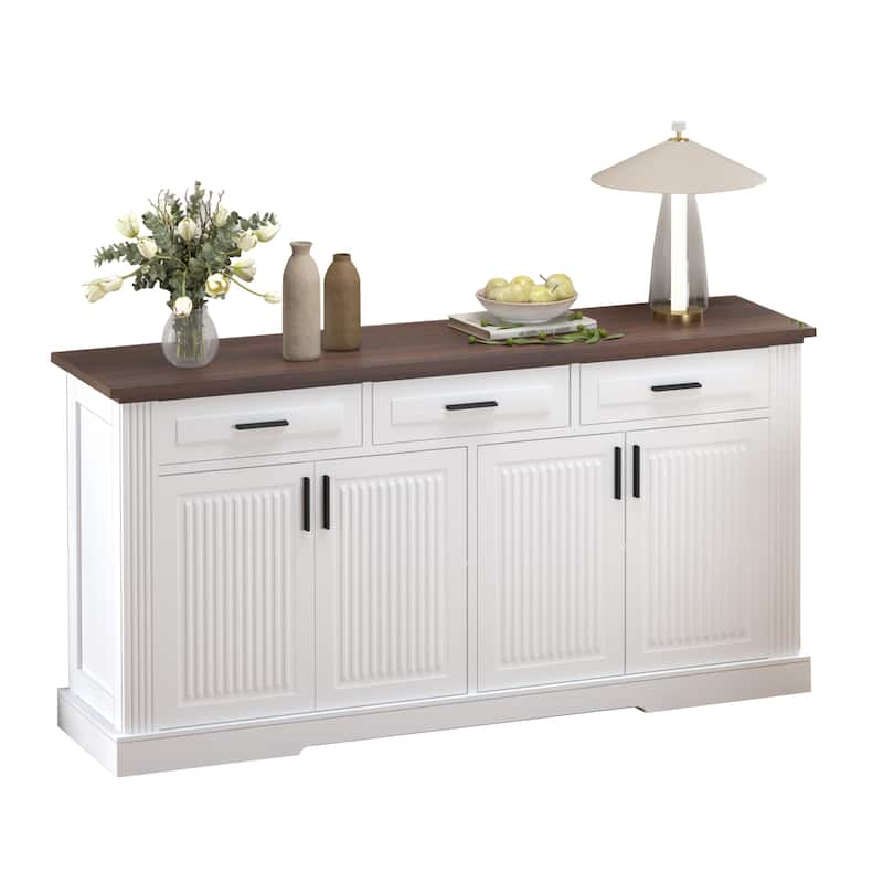 Fluted Sideboard Cabinet with 4 Doors & 3 Drawers, Wood Storage Console Table, Coffee Bar Cabinet with Adjustable Shelf