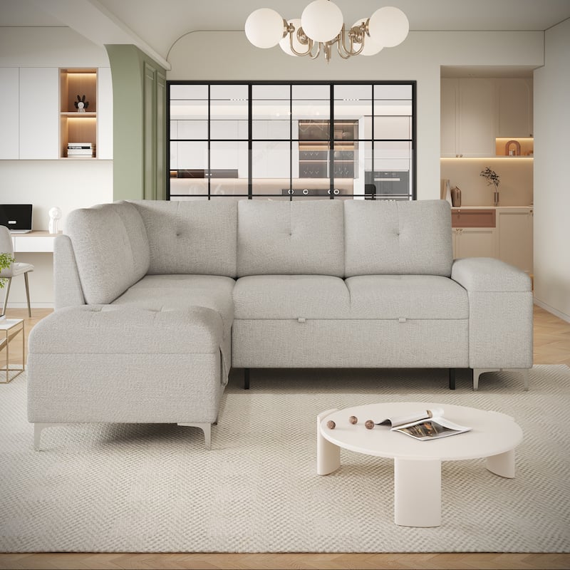 88.2" Chenille L-Shaped Sofa with Bed, Storage, Cup Holders, USB