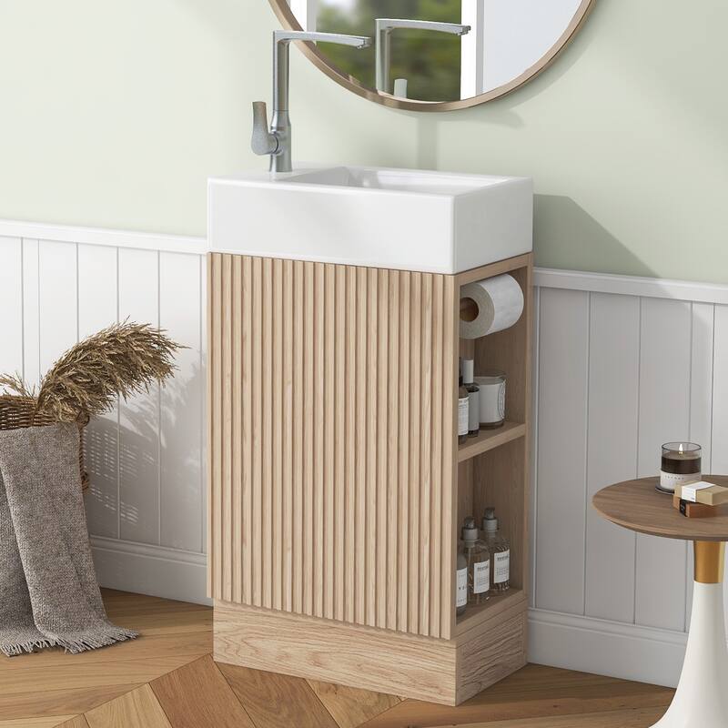 18.6" Vertical Stripe Door Cabinet Bathroom Vanity with Sink, Toilet Paper Holder and 2-tier Shelf - Available Left or Right - Natural