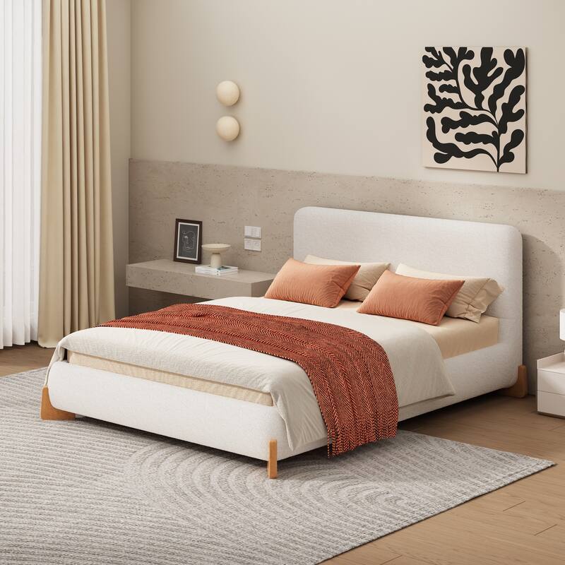Elegant Full Size Upholstered Bed with Boucle Fabric, White - White