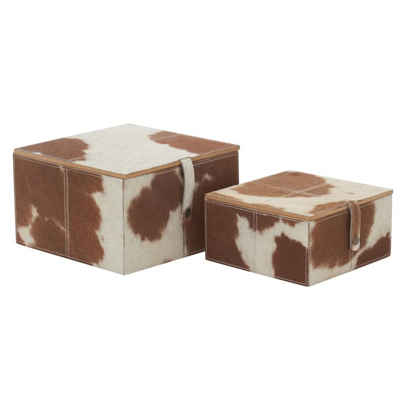 Leather Handmade Decorative Box with Hinged Lid - Set of 2 Gray, Brown, Dark Brown, Gold, Silver - Roche River Decor