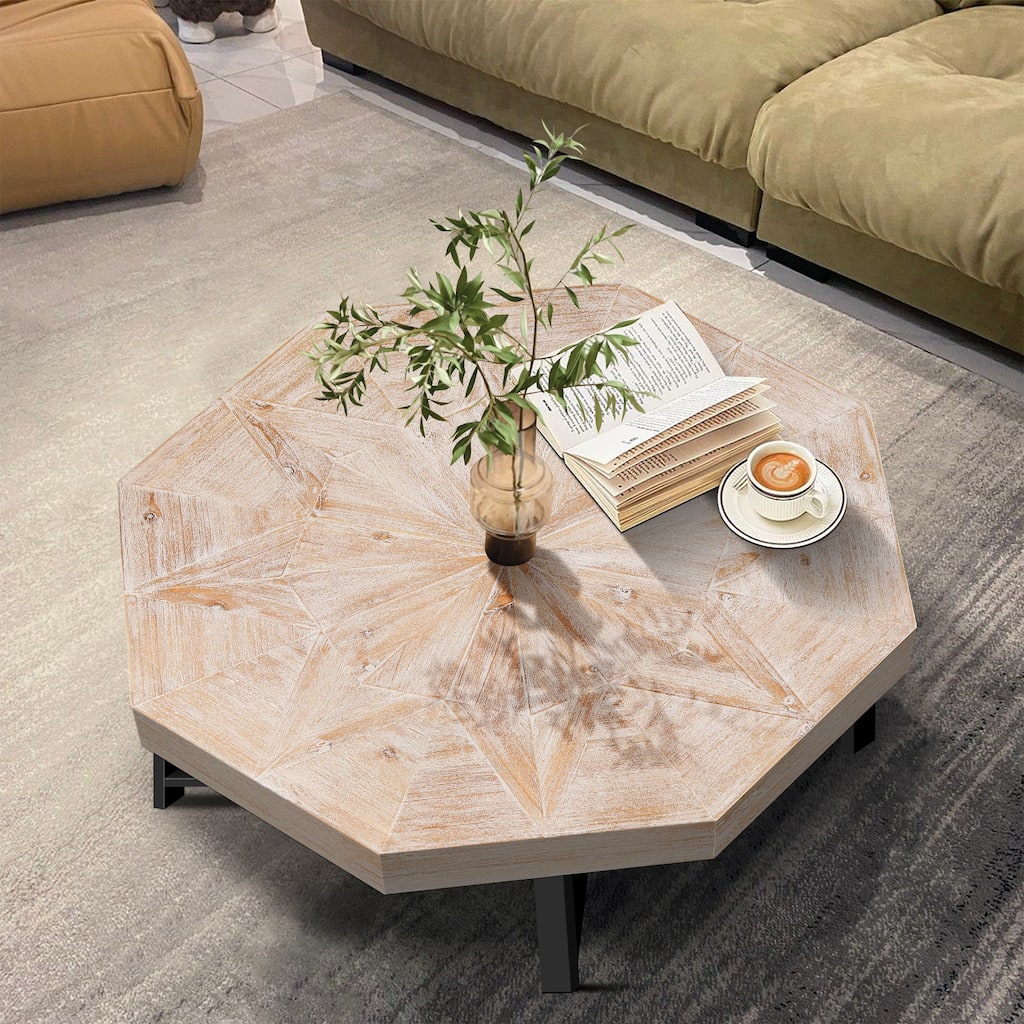 30 Inch Antique Wood Octagonal Coffee Table with Cross Metal Legs for Living Room