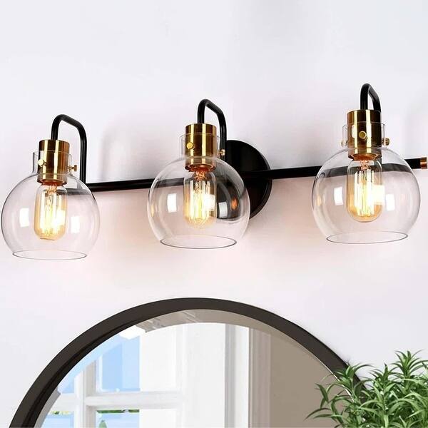 slide 2 of 8, Modern 3-Light Bathroom Black Vanity Lights Globe Glass Wall Sconces - 23" L x 8" W x 8" H