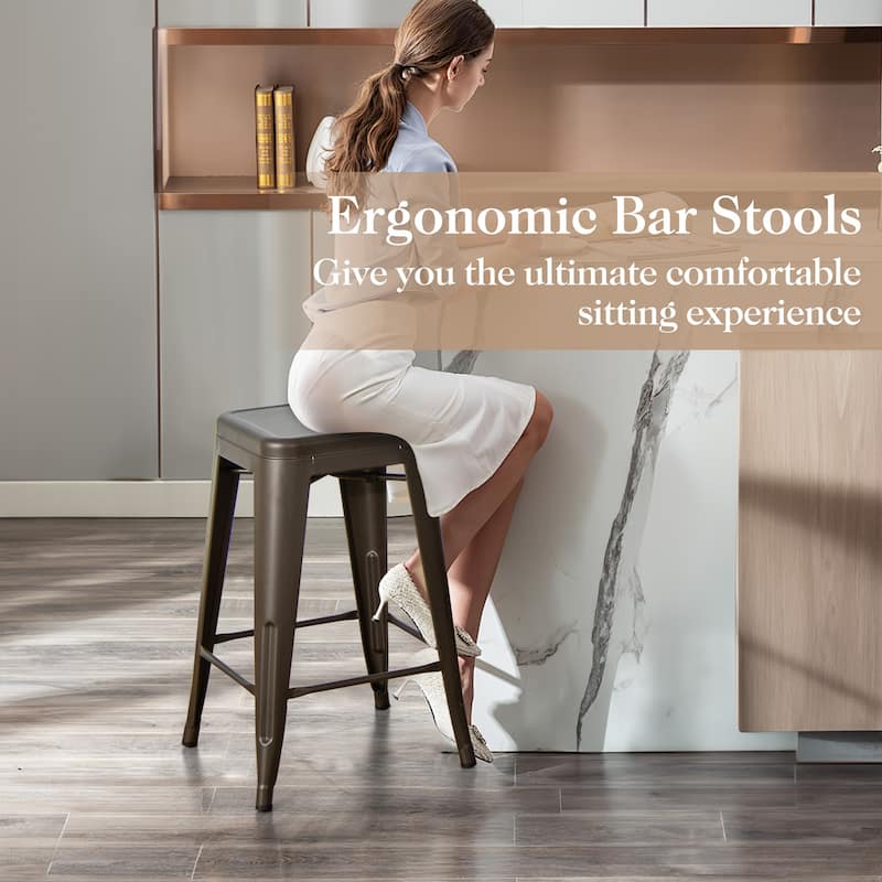 4-Piece 24" Space Saving Stackable Metal Bar Stools with Footrest for Kitchen or Patio - 16" x 16" x 24"