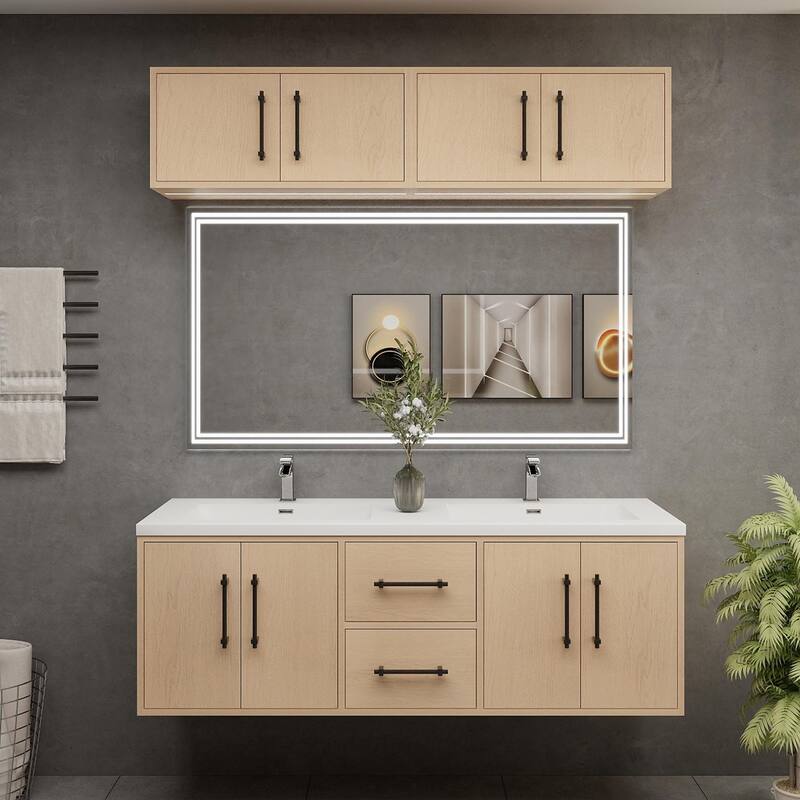 Victoria 60'' Wall-Mounted Double Sink Vanity Set with LED light Top Cabinet - 58.9 - Matte - Yellow Oak