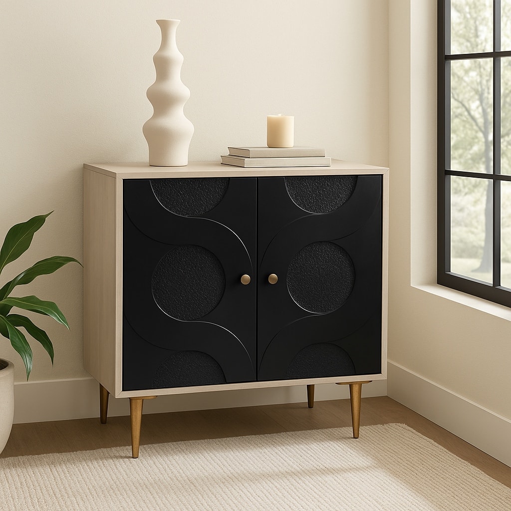 Modern Accent Cabinet with Textured Circle Door Design - 31", Black - 30.5"