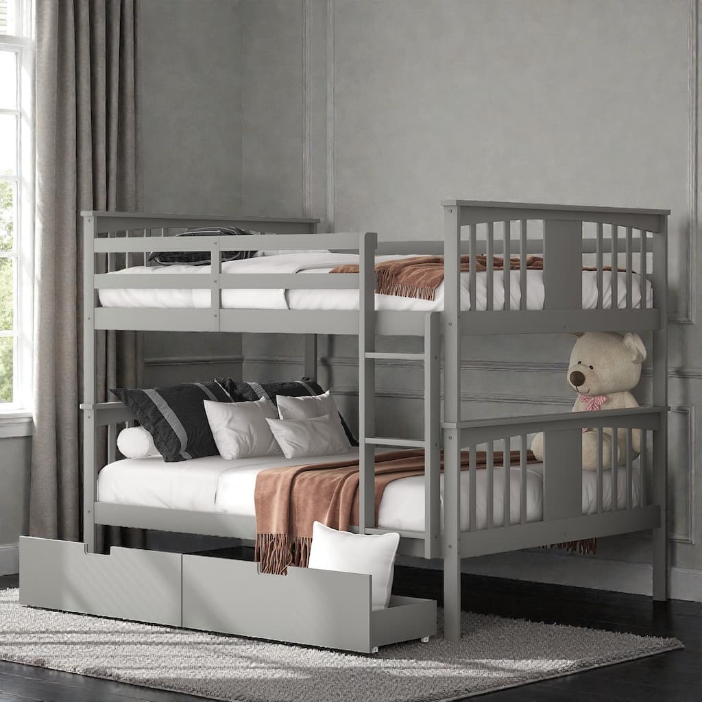 Full over Full Bunk Bed with Drawers and Ladder, Solid Wood Bunk Frame with Storage for Bedrooms and Guest Rooms